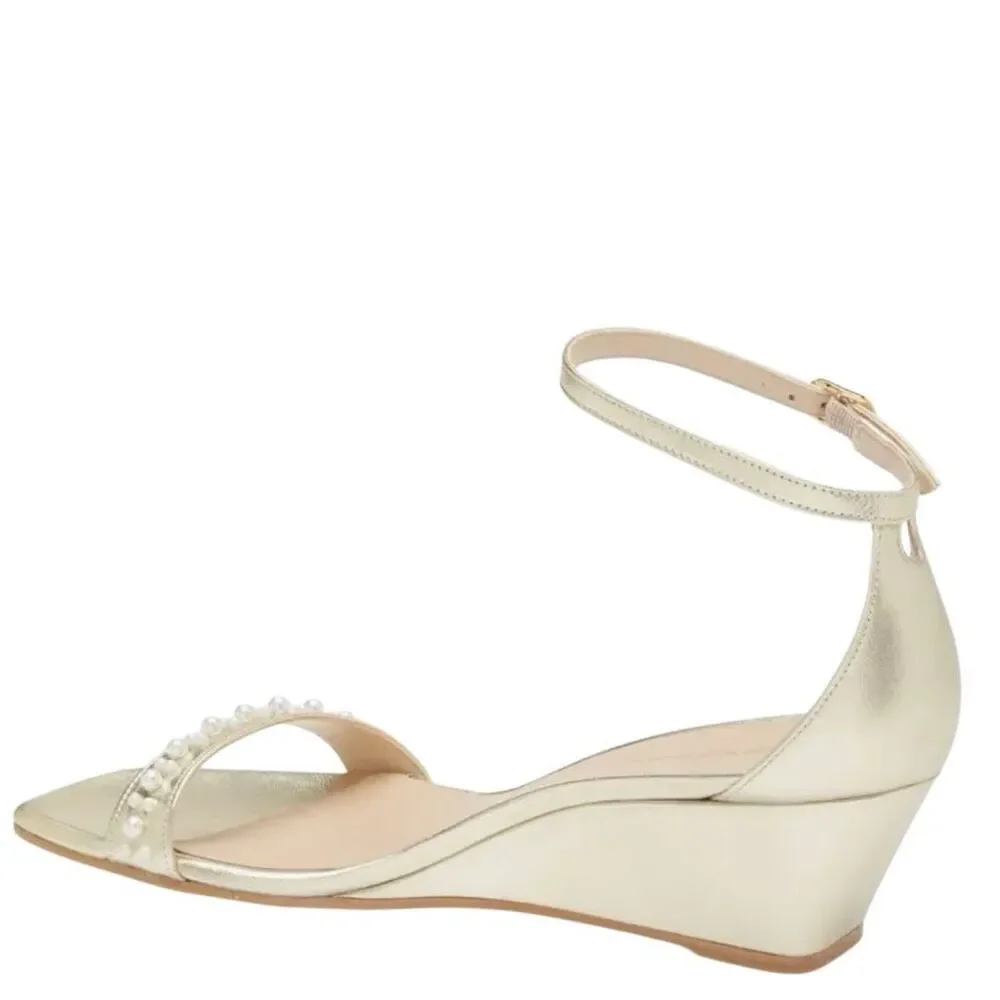 New Stuart Weitzman Pearl Leather Wedge ankle strap square toe sandal 8